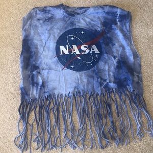 Blue tie dye cropped fringe nasa shirt